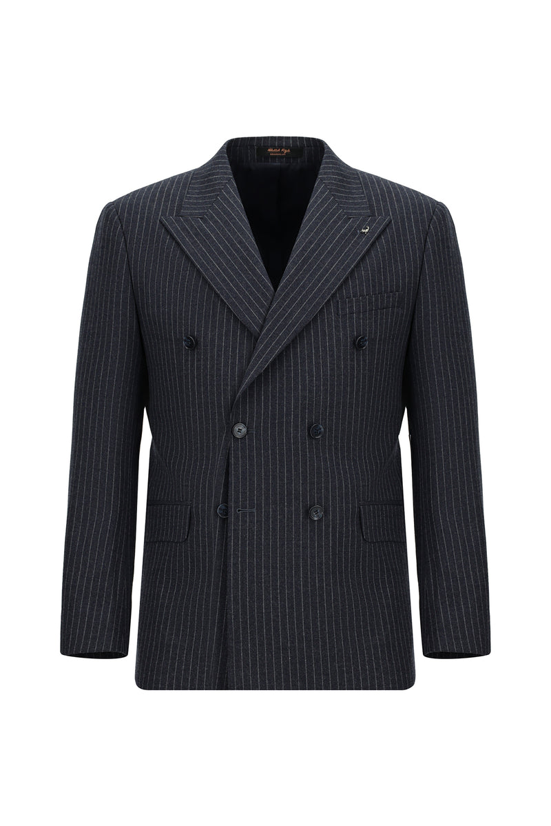 Koyu Lacivert Slim Fit Dar Kesim Yünlü Çizgili Kruvaze Takım Elbise