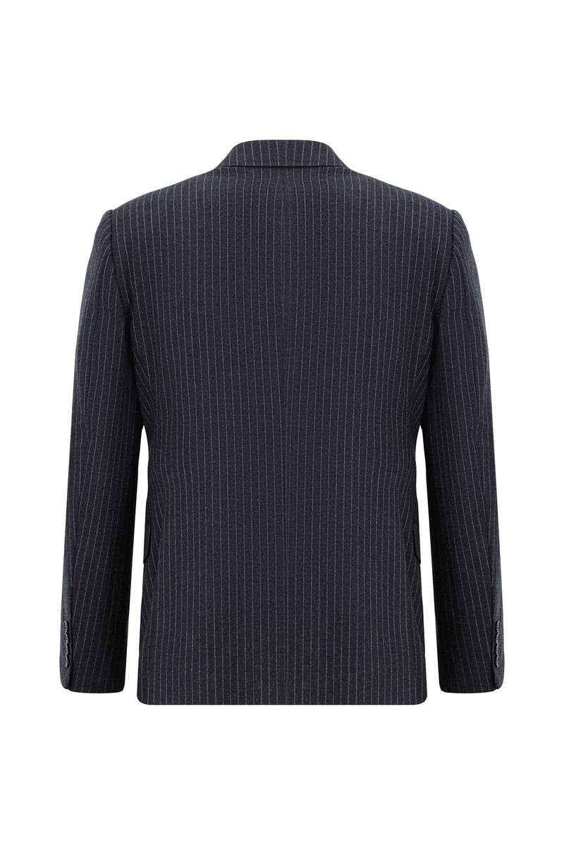 Koyu Lacivert Slim Fit Dar Kesim Yünlü Çizgili Kruvaze Takım Elbise