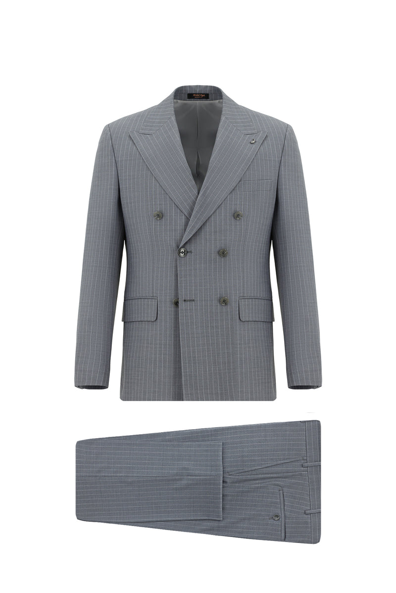 Orta Füme Slim Fit Dar Kesim Yünlü Çizgili Kruvaze Takım Elbise