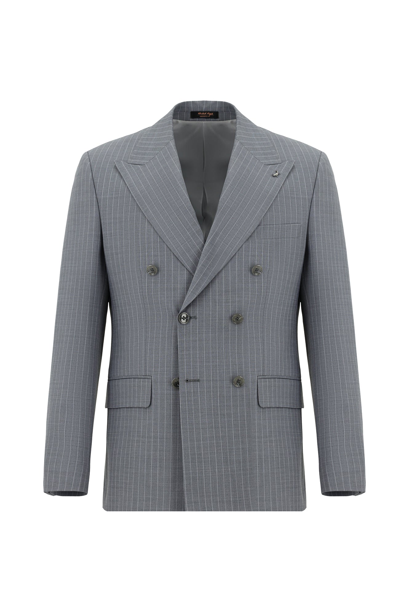Orta Füme Slim Fit Dar Kesim Yünlü Çizgili Kruvaze Takım Elbise