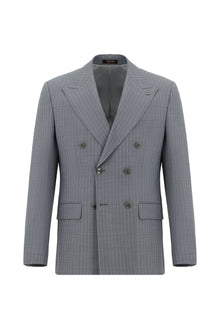 Orta Füme Slim Fit Dar Kesim Yünlü Çizgili Kruvaze Takım Elbise