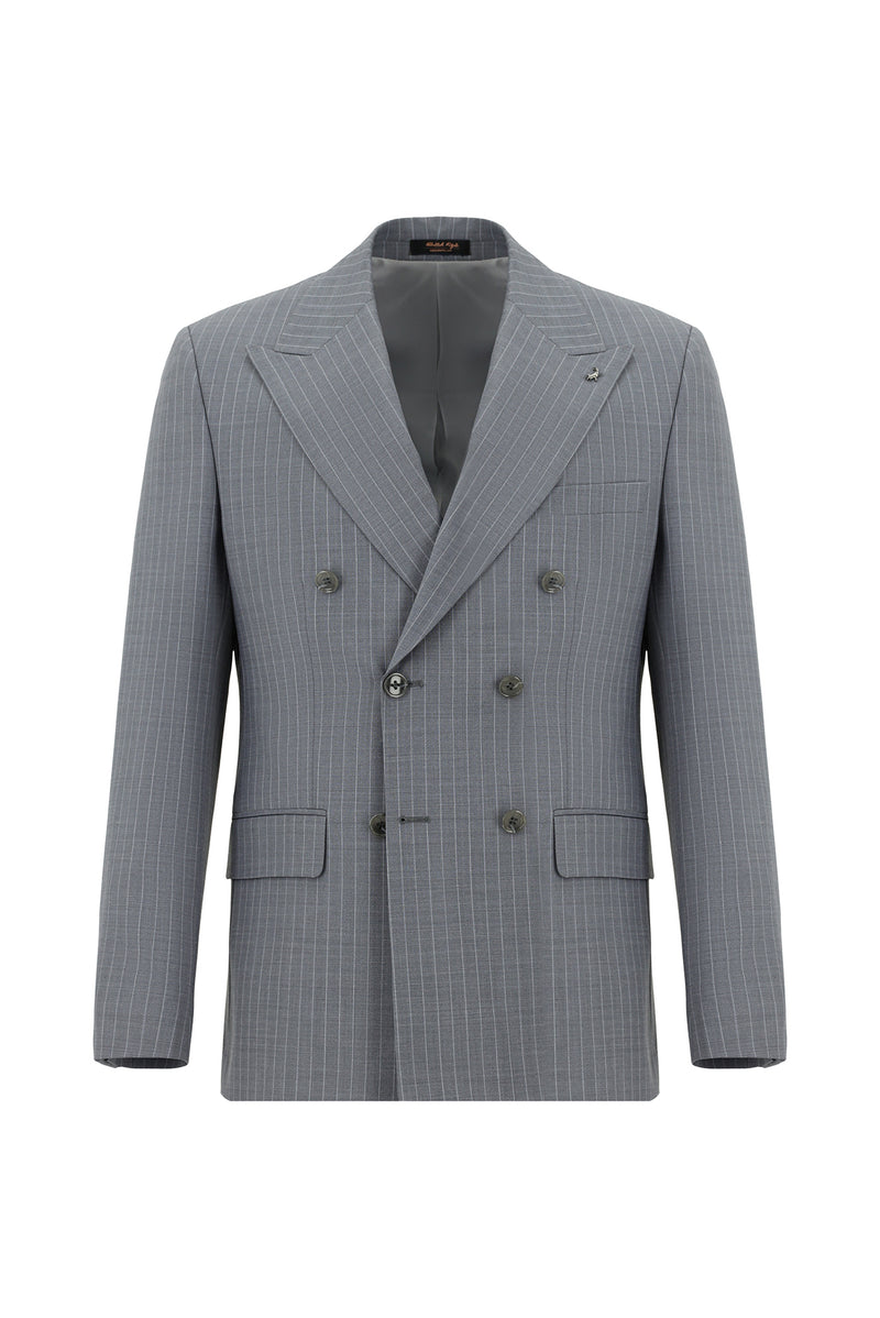 Orta Füme Slim Fit Dar Kesim Yünlü Çizgili Kruvaze Takım Elbise