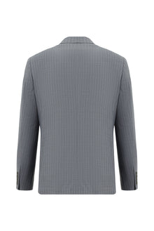 Orta Füme Slim Fit Dar Kesim Yünlü Çizgili Kruvaze Takım Elbise