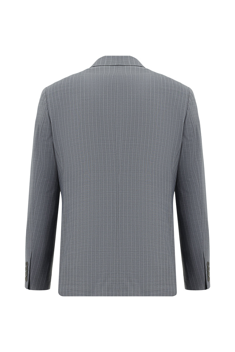Orta Füme Slim Fit Dar Kesim Yünlü Çizgili Kruvaze Takım Elbise