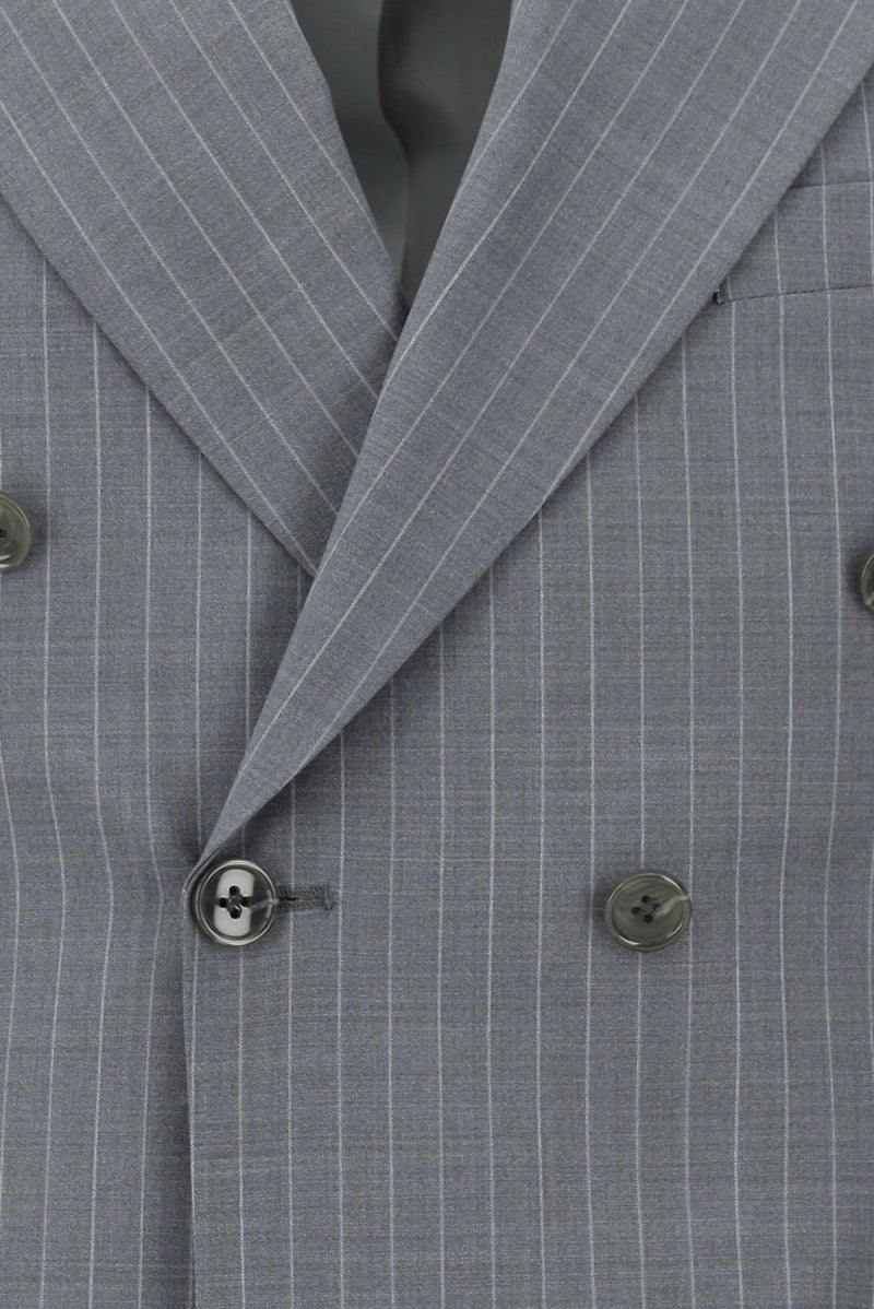 Orta Füme Slim Fit Dar Kesim Yünlü Çizgili Kruvaze Takım Elbise