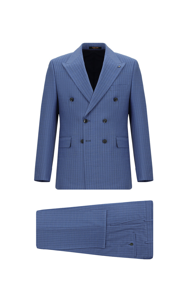 Koyu Mavi  Slim Fit Dar Kesim Yünlü Çizgili Kruvaze Takım Elbise