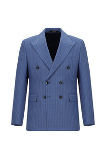 Koyu Mavi  Slim Fit Dar Kesim Yünlü Çizgili Kruvaze Takım Elbise