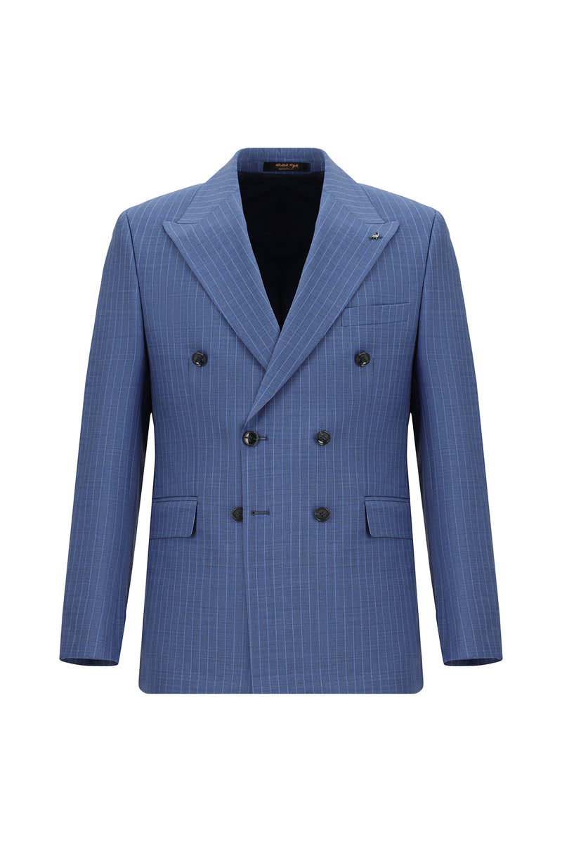 Koyu Mavi  Slim Fit Dar Kesim Yünlü Çizgili Kruvaze Takım Elbise