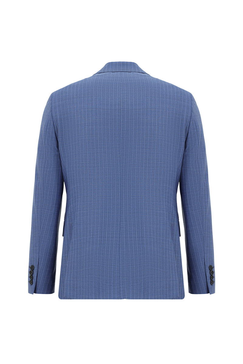 Koyu Mavi  Slim Fit Dar Kesim Yünlü Çizgili Kruvaze Takım Elbise