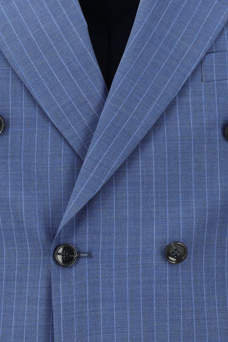Koyu Mavi  Slim Fit Dar Kesim Yünlü Çizgili Kruvaze Takım Elbise