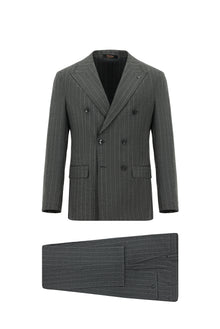 Orta Füme Super Slim Fit Ekstra Dar Kesim Yünlü Çizgili Kruvaze Takım Elbise