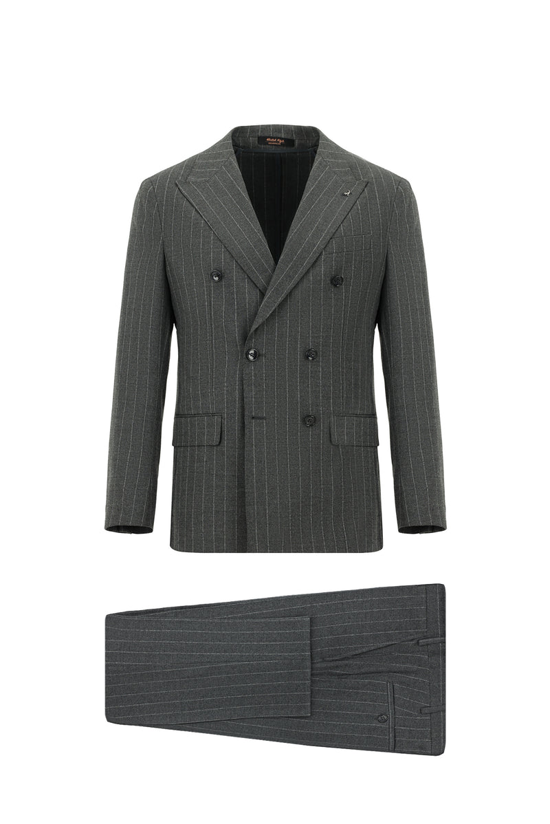 Orta Füme Super Slim Fit Ekstra Dar Kesim Yünlü Çizgili Kruvaze Takım Elbise