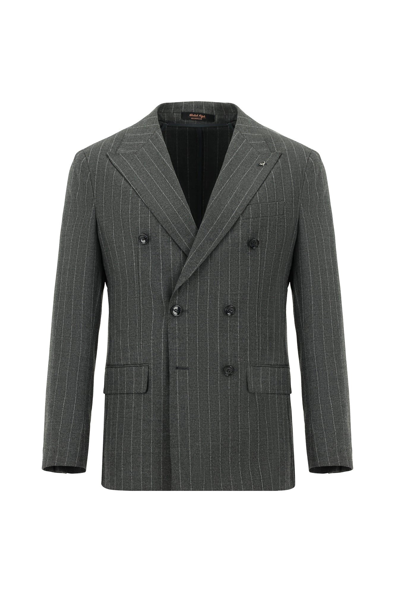 Orta Füme Super Slim Fit Ekstra Dar Kesim Yünlü Çizgili Kruvaze Takım Elbise