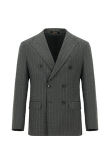 Orta Füme Super Slim Fit Ekstra Dar Kesim Yünlü Çizgili Kruvaze Takım Elbise
