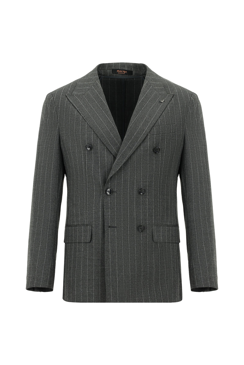 Orta Füme Super Slim Fit Ekstra Dar Kesim Yünlü Çizgili Kruvaze Takım Elbise