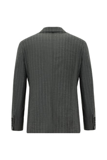 Orta Füme Super Slim Fit Ekstra Dar Kesim Yünlü Çizgili Kruvaze Takım Elbise