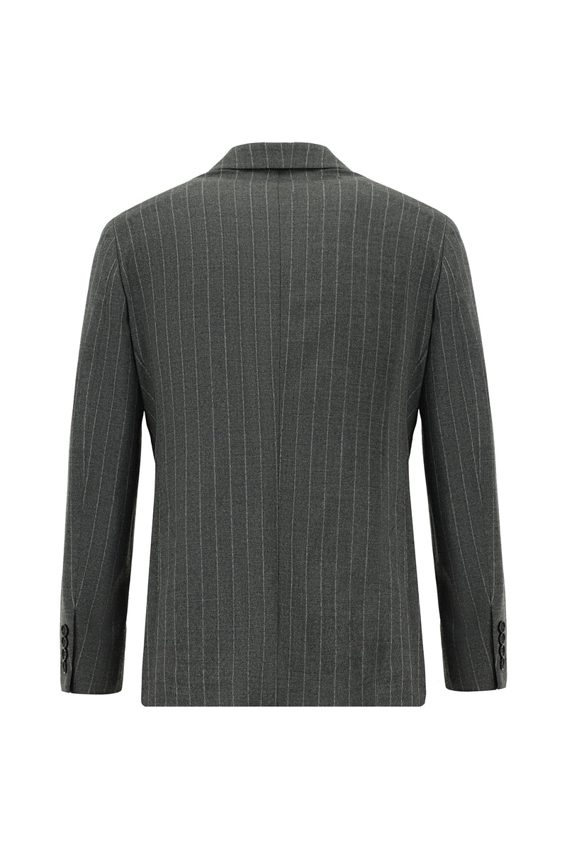 Orta Füme Super Slim Fit Ekstra Dar Kesim Yünlü Çizgili Kruvaze Takım Elbise