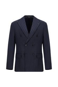 Koyu Lacivert Super Slim Fit Ekstra Dar Kesim Yünlü Çizgili Kruvaze Takım Elbise