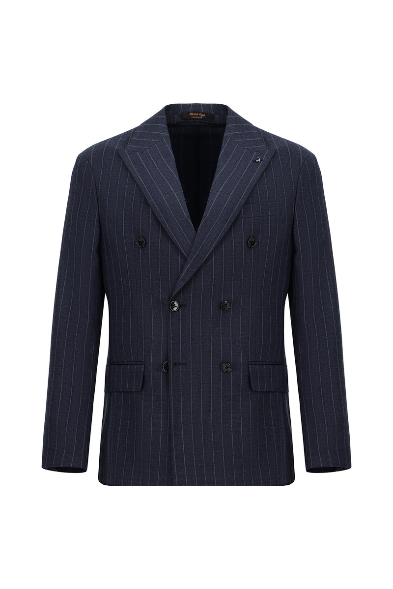 Koyu Lacivert Super Slim Fit Ekstra Dar Kesim Yünlü Çizgili Kruvaze Takım Elbise