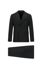 Koyu Antrasit Super Slim Fit Ekstra Dar Kesim Yünlü Çizgili Kruvaze Takım Elbise