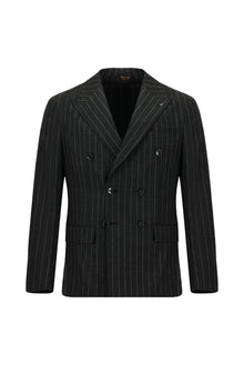 Koyu Antrasit Super Slim Fit Ekstra Dar Kesim Yünlü Çizgili Kruvaze Takım Elbise