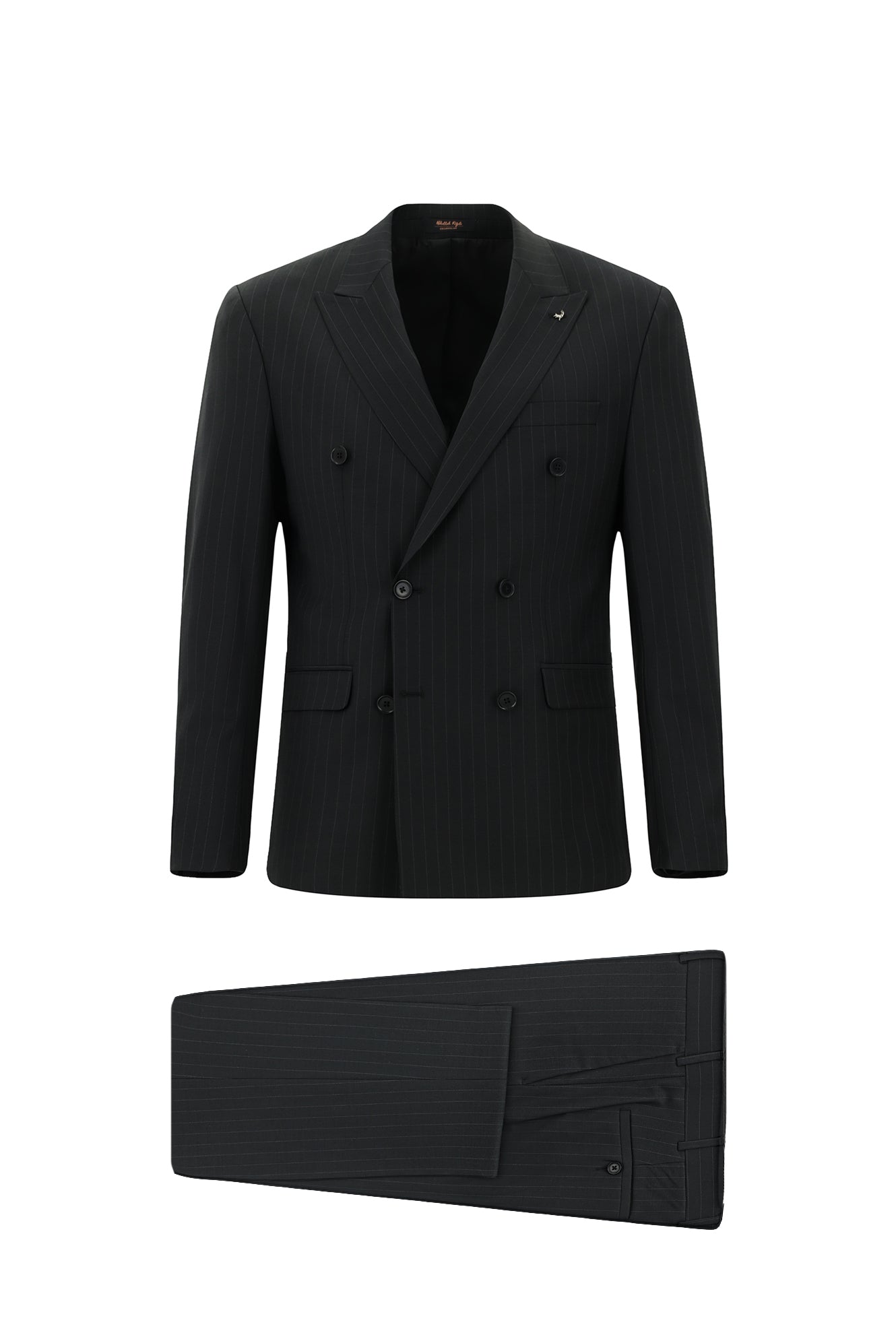 Siyah Slim Fit Dar Kesim Yünlü Çizgili Kruvaze Takım Elbise