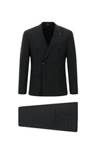 Siyah Slim Fit Dar Kesim Yünlü Çizgili Kruvaze Takım Elbise