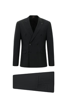 Siyah Slim Fit Dar Kesim Yünlü Çizgili Kruvaze Takım Elbise