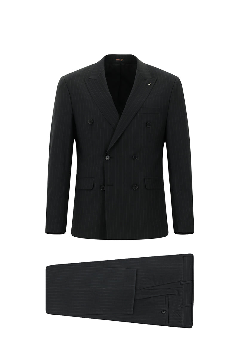 Siyah Slim Fit Dar Kesim Yünlü Çizgili Kruvaze Takım Elbise