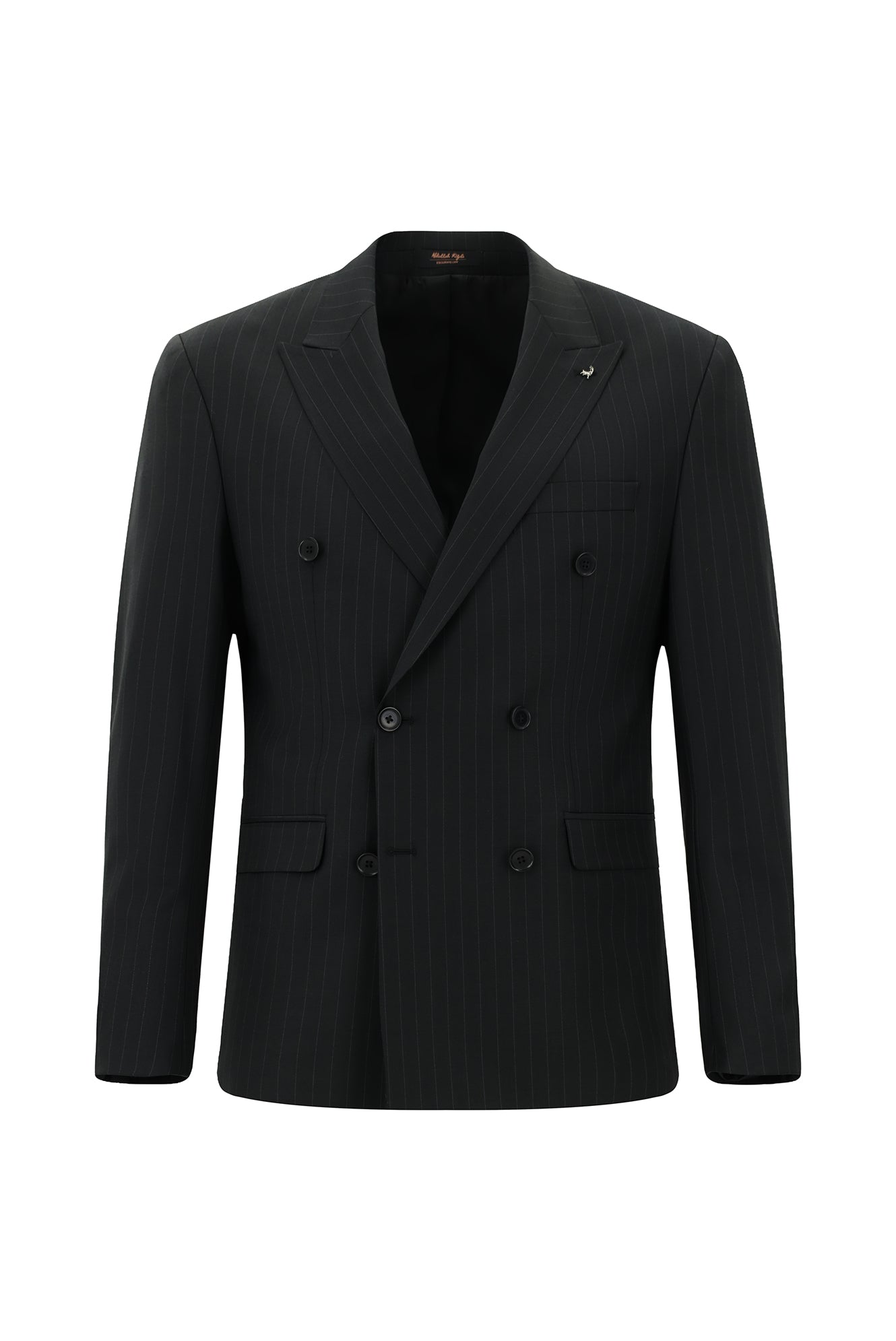 Siyah Slim Fit Dar Kesim Yünlü Çizgili Kruvaze Takım Elbise