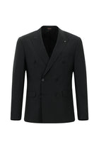 Siyah Slim Fit Dar Kesim Yünlü Çizgili Kruvaze Takım Elbise