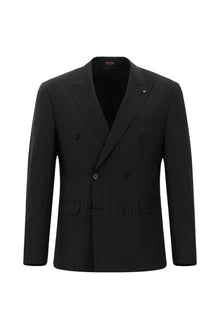 Siyah Slim Fit Dar Kesim Yünlü Çizgili Kruvaze Takım Elbise