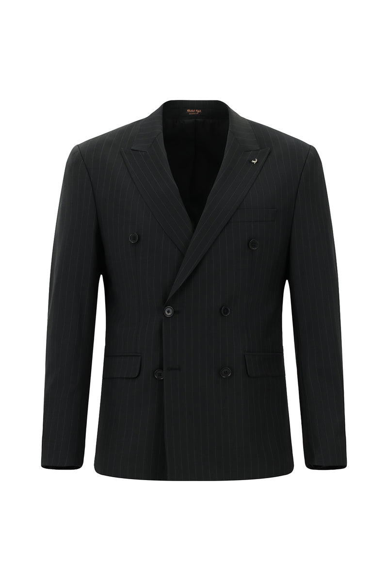 Siyah Slim Fit Dar Kesim Yünlü Çizgili Kruvaze Takım Elbise