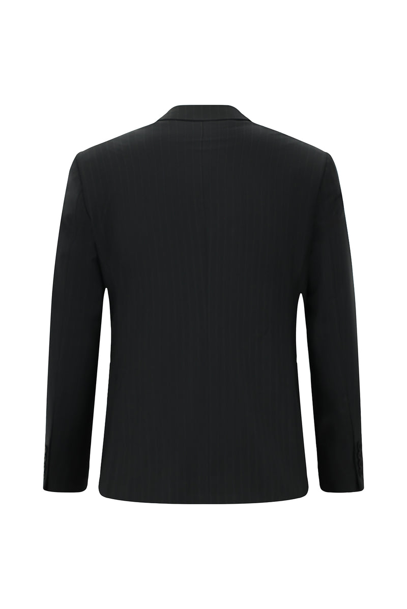 Siyah Slim Fit Dar Kesim Yünlü Çizgili Kruvaze Takım Elbise