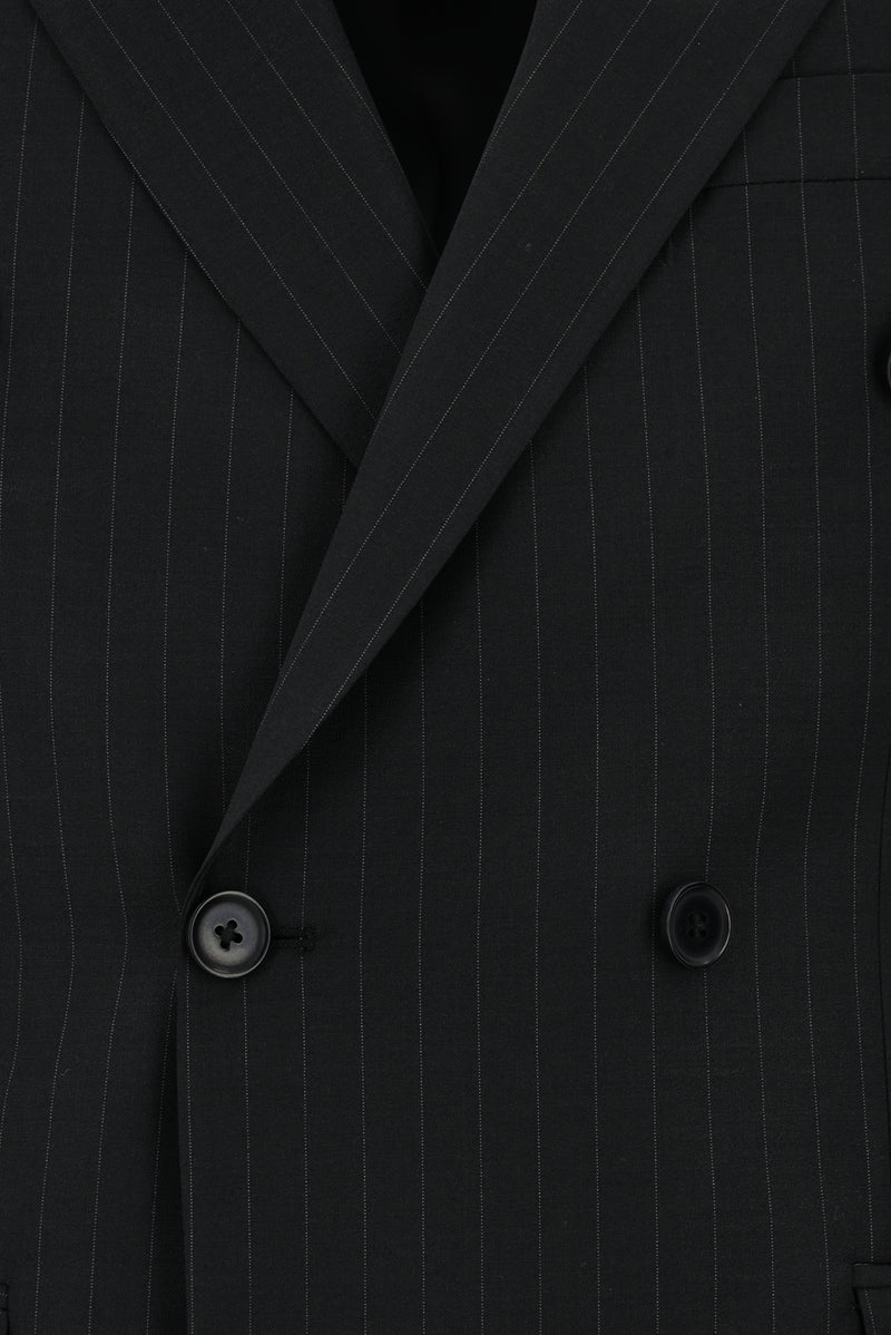 Siyah Regular Fit Yünlü Çizgili Kruvaze Takım Elbise