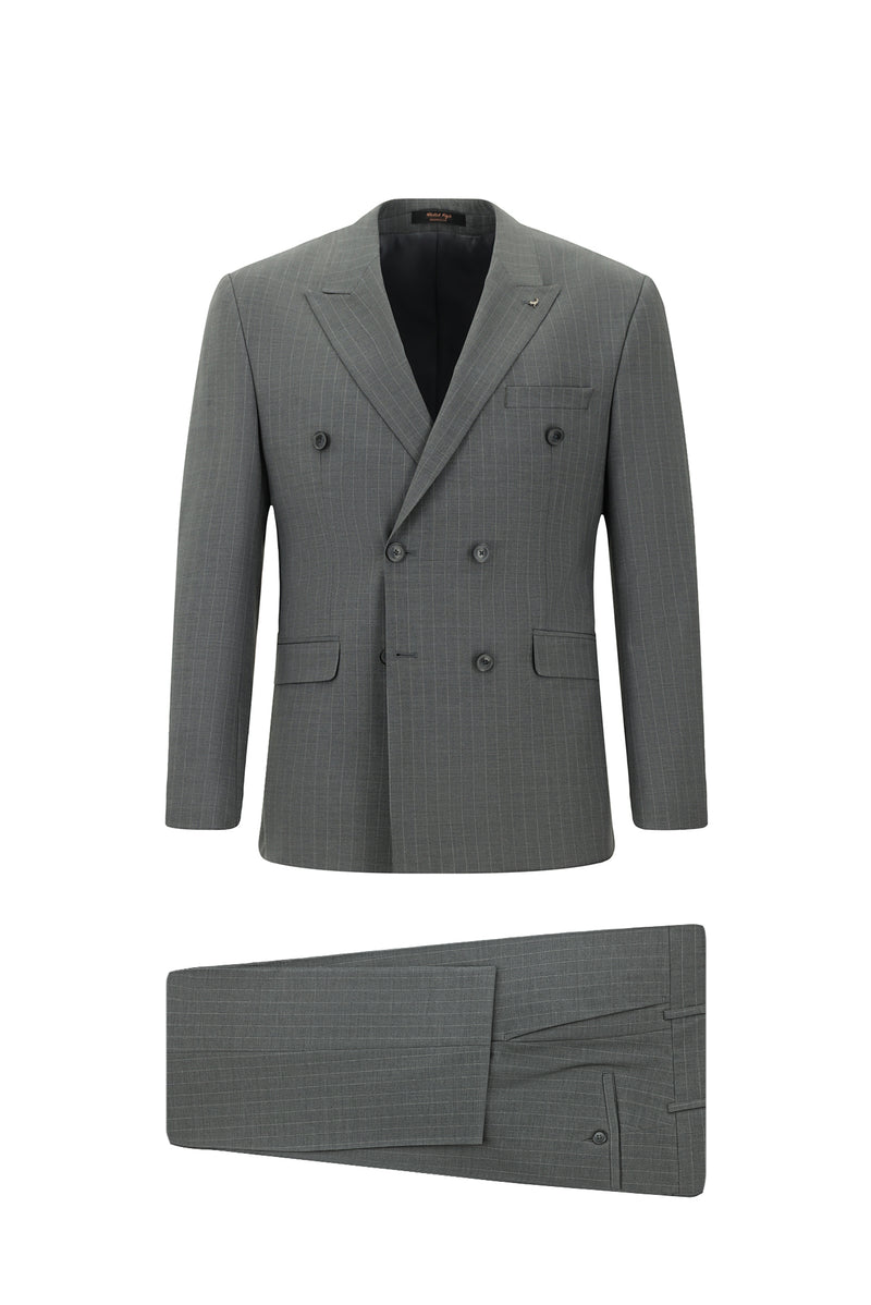 Açık Füme Slim Fit Dar Kesim Yünlü Çizgili Kruvaze Takım Elbise