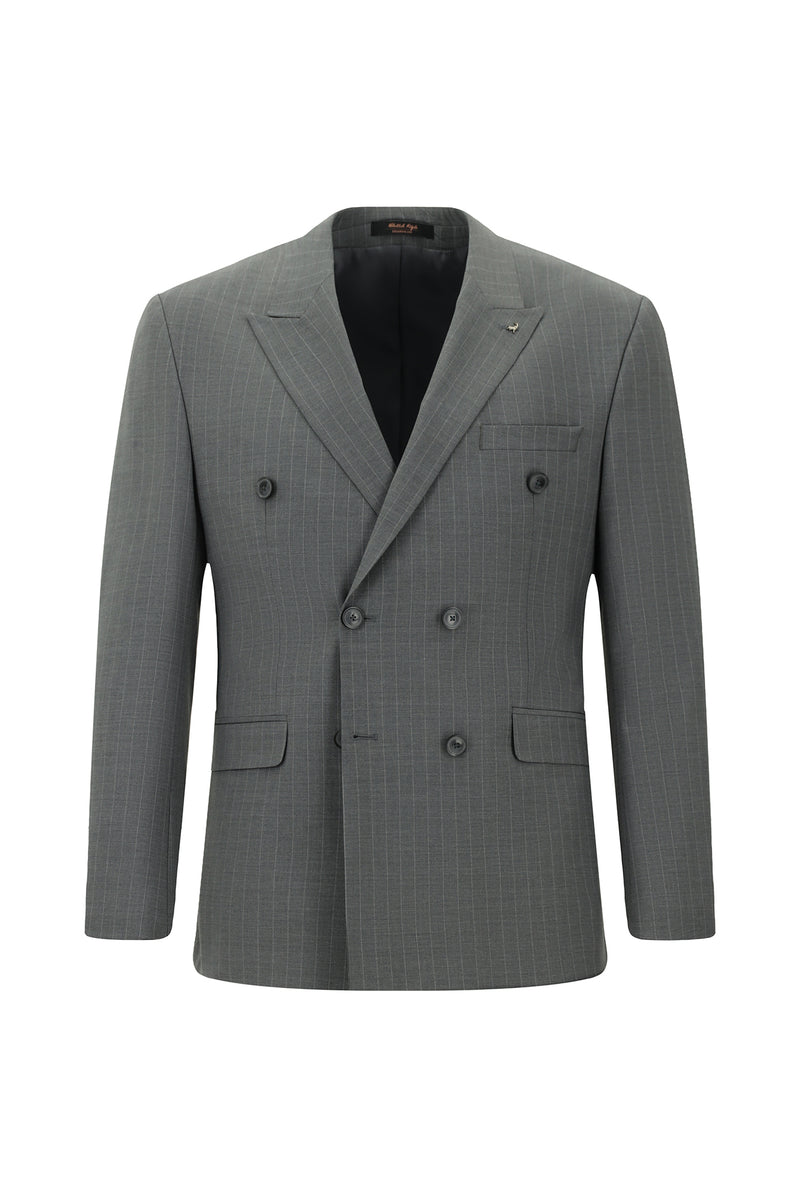 Açık Füme Slim Fit Dar Kesim Yünlü Çizgili Kruvaze Takım Elbise