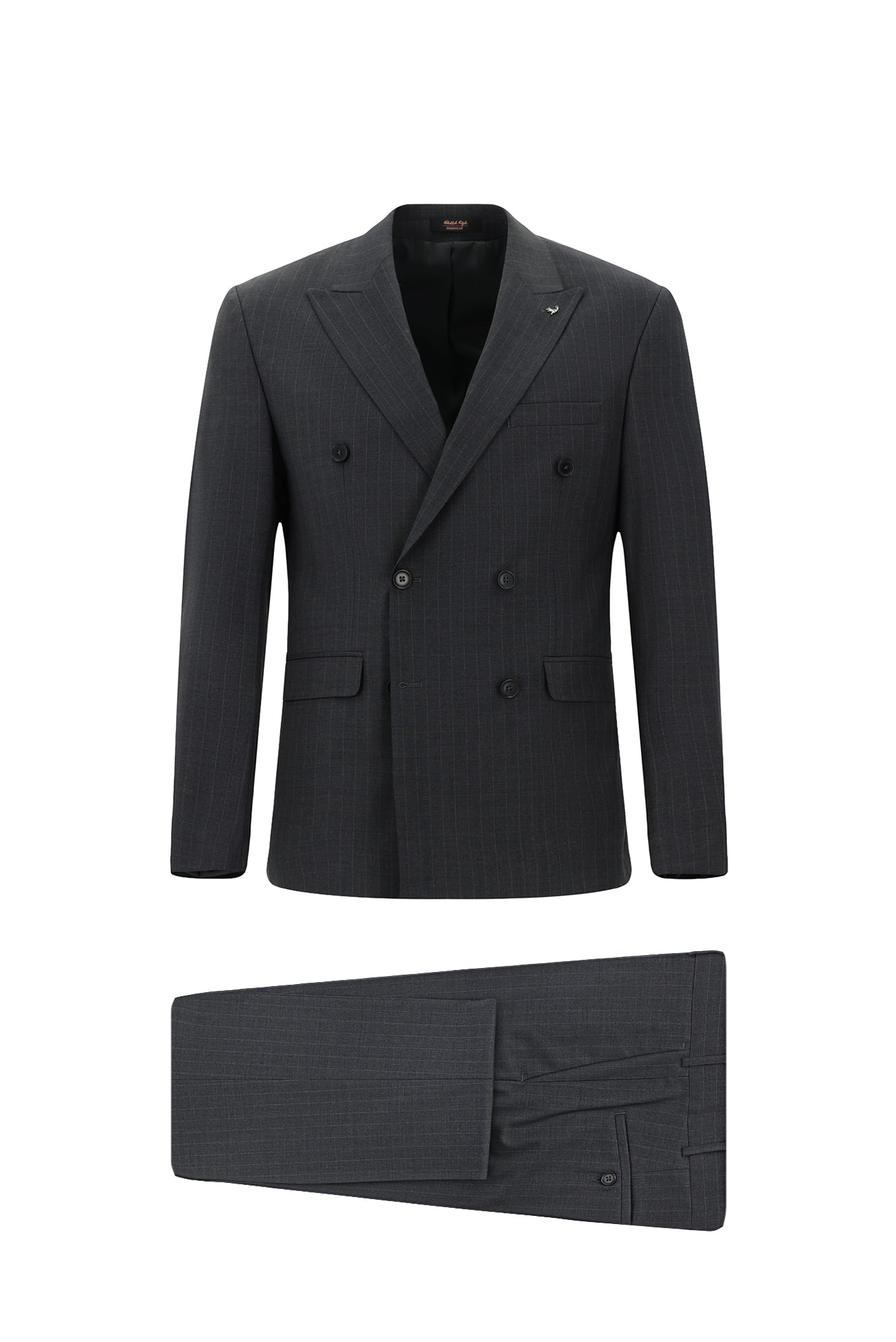 Orta Füme Slim Fit Dar Kesim Yünlü Çizgili Kruvaze Takım Elbise