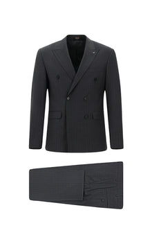 Orta Füme Slim Fit Dar Kesim Yünlü Çizgili Kruvaze Takım Elbise