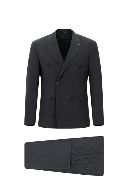 Orta Füme Slim Fit Dar Kesim Yünlü Çizgili Kruvaze Takım Elbise