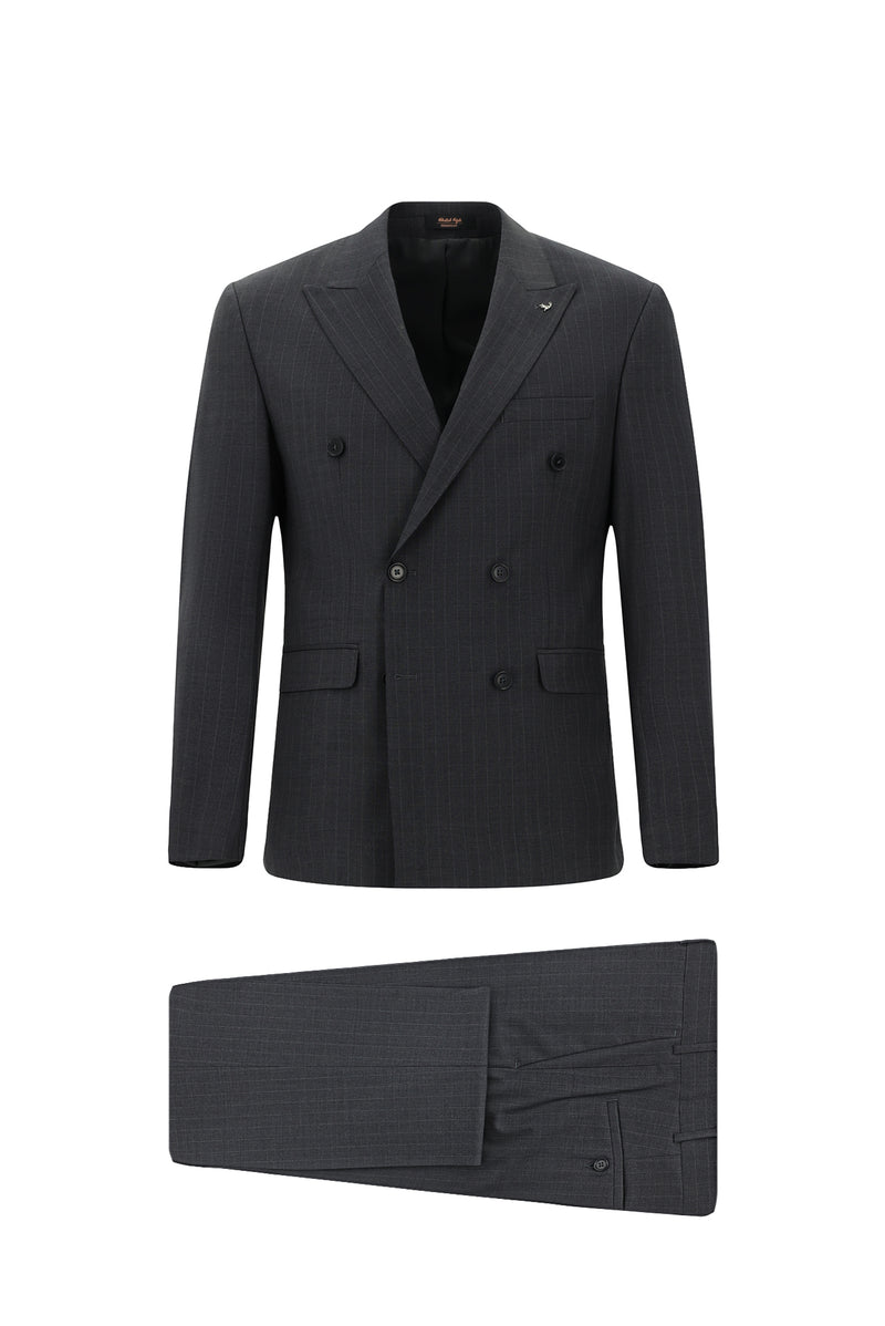 Orta Füme Slim Fit Dar Kesim Yünlü Çizgili Kruvaze Takım Elbise