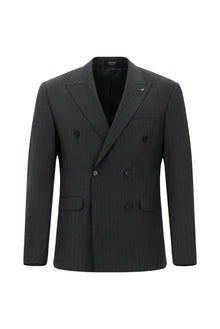 Orta Füme Slim Fit Dar Kesim Yünlü Çizgili Kruvaze Takım Elbise