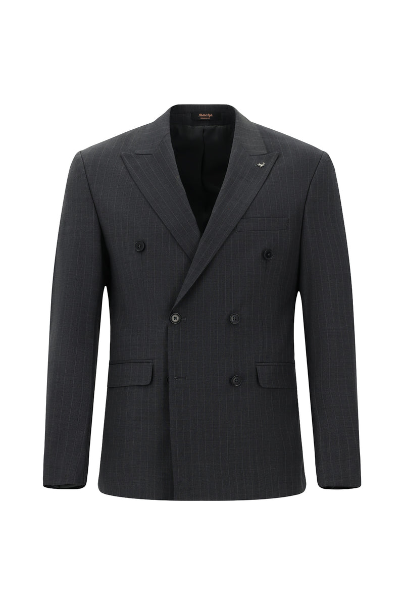 Orta Füme Slim Fit Dar Kesim Yünlü Çizgili Kruvaze Takım Elbise