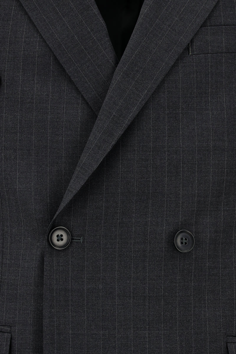 Orta Füme Slim Fit Dar Kesim Yünlü Çizgili Kruvaze Takım Elbise