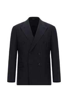 Koyu Lacivert Slim Fit Dar Kesim Yünlü Çizgili Kruvaze Takım Elbise