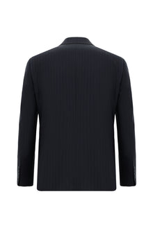 Koyu Lacivert Slim Fit Dar Kesim Yünlü Çizgili Kruvaze Takım Elbise