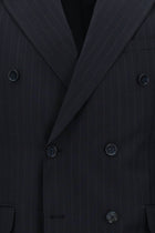 Koyu Lacivert Slim Fit Dar Kesim Yünlü Çizgili Kruvaze Takım Elbise