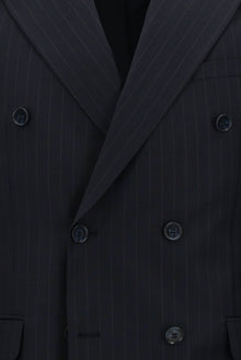 Koyu Lacivert Slim Fit Dar Kesim Yünlü Çizgili Kruvaze Takım Elbise