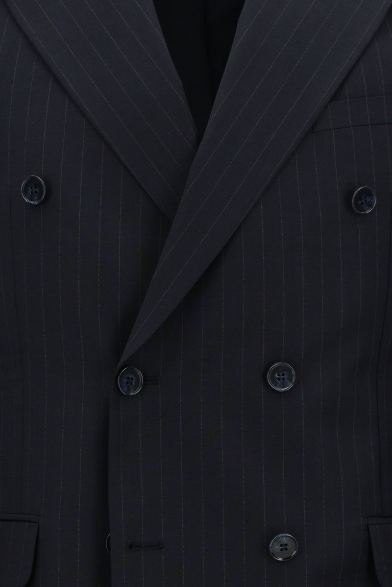 Koyu Lacivert Slim Fit Dar Kesim Yünlü Çizgili Kruvaze Takım Elbise