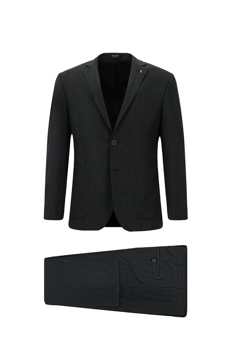 Siyah Super Slim Fit Ekstra Dar Kesim Desenli Yünlü Takım Elbise